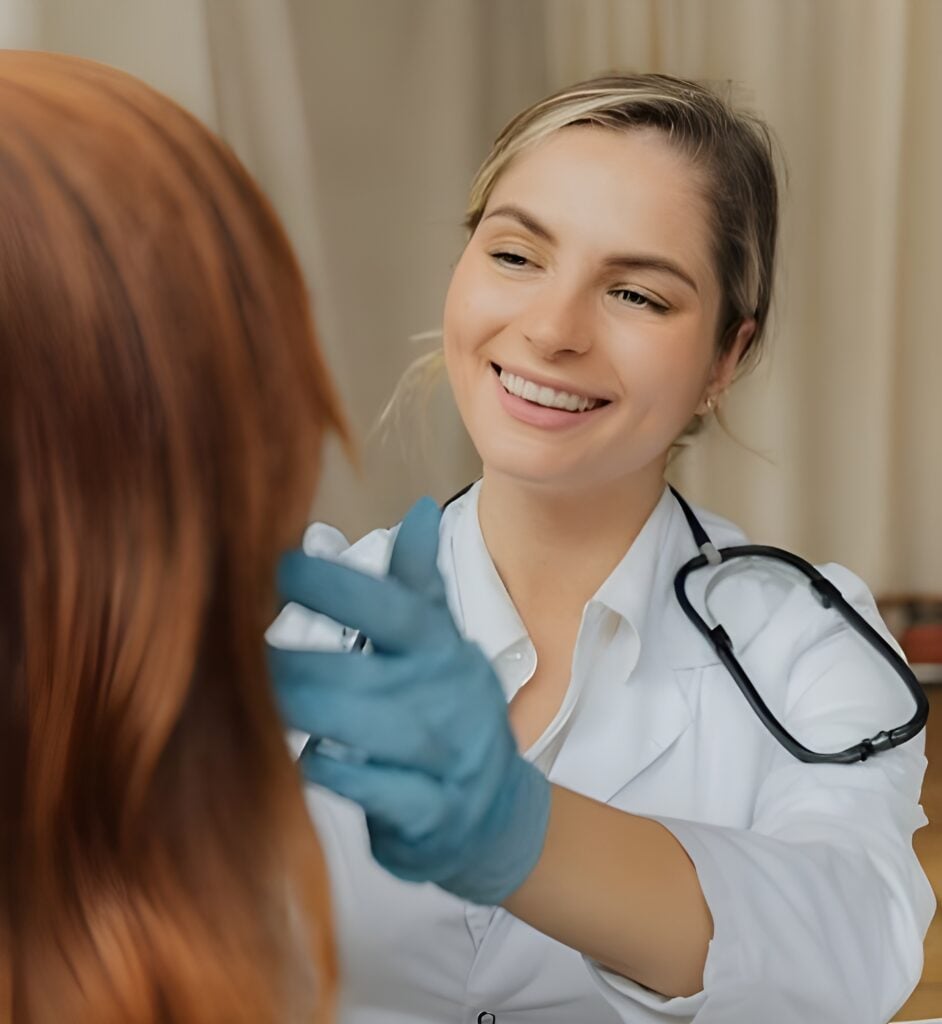 Female doctor checking thyroid on a patient.